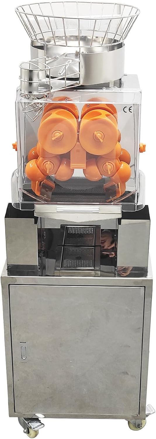 Commercial Vertical Automatic Orange Extractor, Squeezer for 20 per Minute, Electric Movable Lemon Juice Machine Citrus Juicer with Residue Collecting Barrel and Wheels