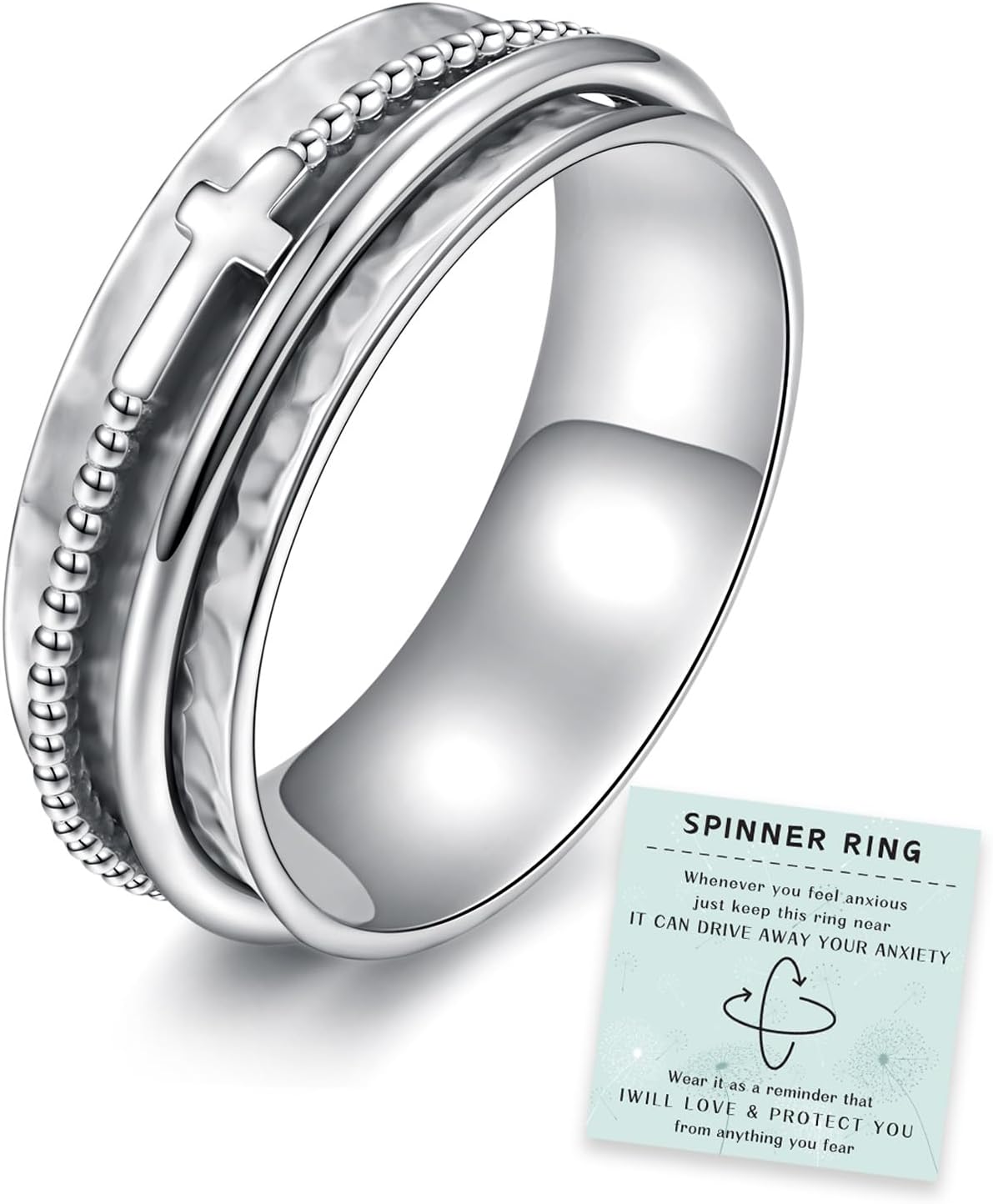 Cross Fidget Ring for Women - 925 Sterling Silver Spinner Rings Spinning Band Rings Wide Hammered
