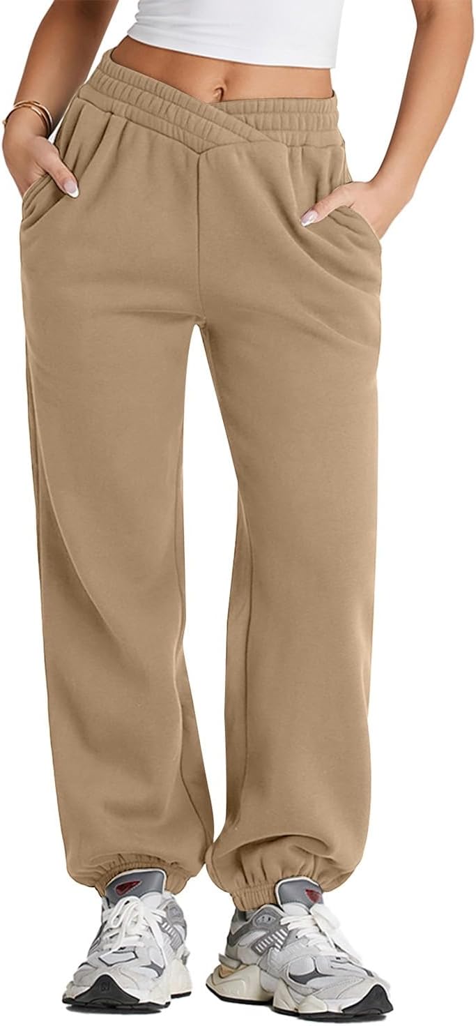 Herseas Women's V Crossover Waist Sweatpants Baggy Y2K Jogger Pants Wide Leg Fleeced Lounge Pants