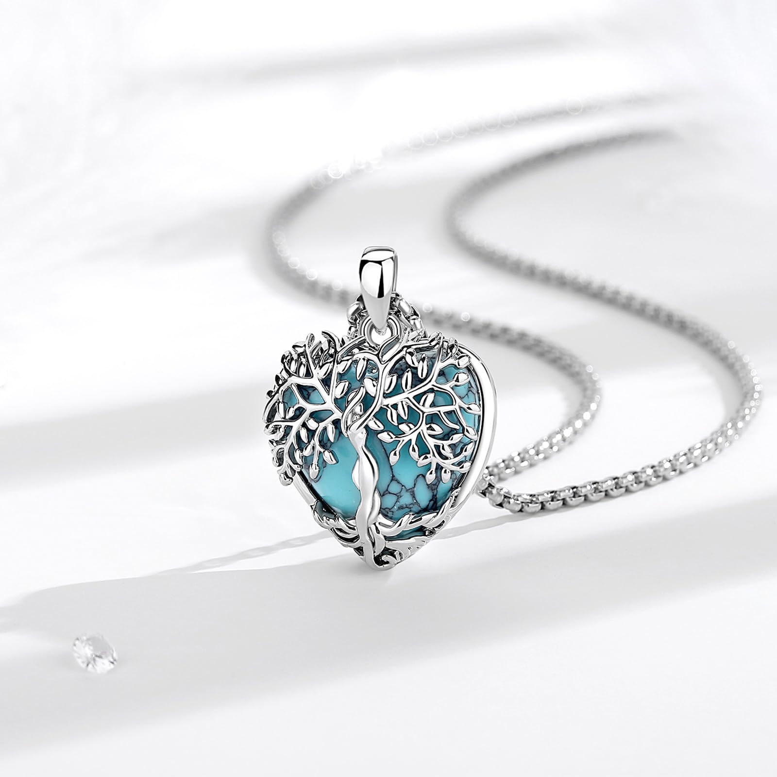 AEONSLOVE Collar Arbol de la Vida para Mujer, Colgante Árbol de la Vida con Piedra Luna Turquesa Collar Amatista Malaquita Obsidiana Piedras Protectoras de Cristal Regalo del Día de la Madre