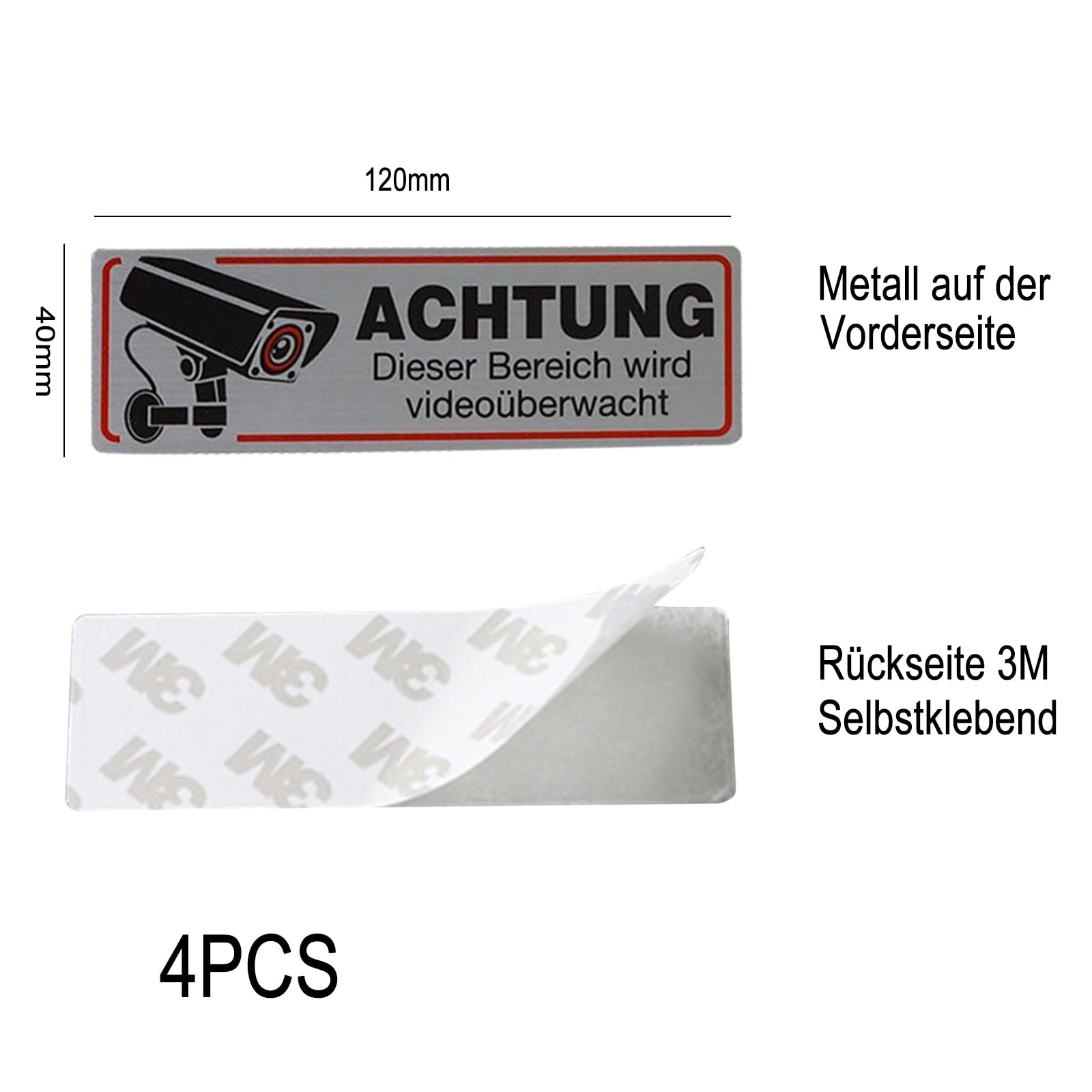 Yicoovey 4er-Set Videoüberwachung-Hinweisschilder – Edelstahl, 120x40 Mm, Für Garten & Eingangstor