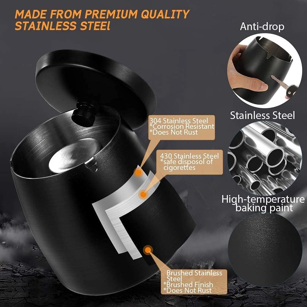 Posacenere per esterni senza fumo con coperchio, in acciaio inox, antivento, inodore, ideale per patio o tavolo da ufficio, design coperto per eliminare l'odore (9 x 8,4 cm)