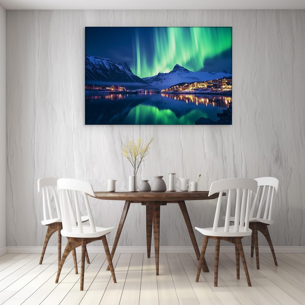 Canvas for Living room. Enchanting Arctic Nightscape Where Northern Lights Dance Over Mountain Village, 27 x 18 inch Canvas Wall Art - Ready to Hang - 69x46 cm (27x18 inch)