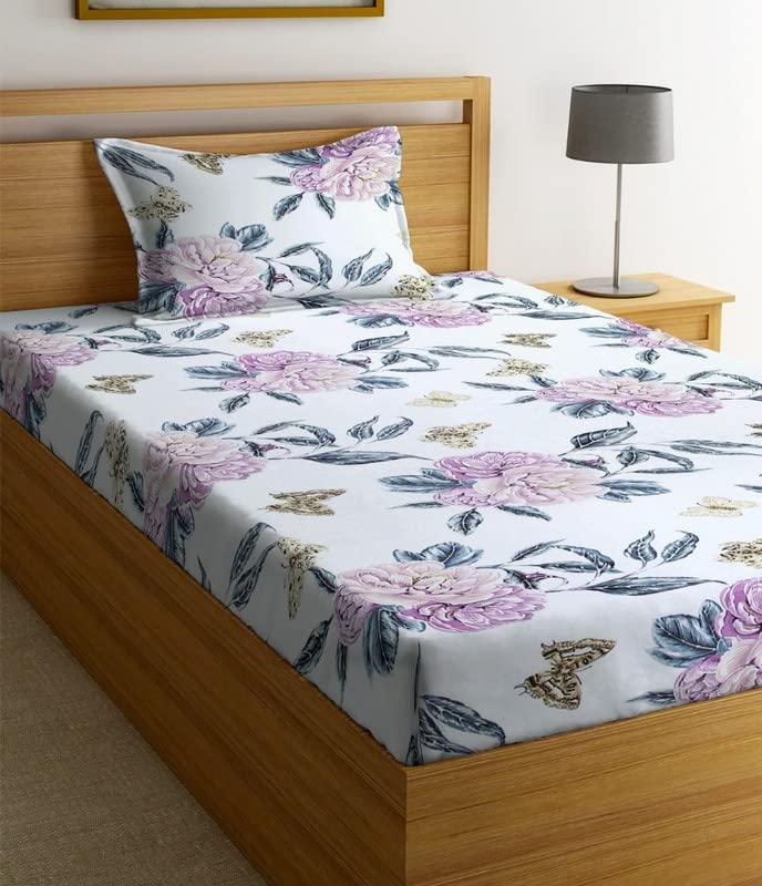Image of NHD HOME Premium Glace Cotton 180 TC Flat Single Bedsheets for Summer Breathable | Wrinklefree (Size-60 X 90 Inch) with 1 Pillow Covers (Size-17 X 27 Inches, Floral, White & Pink)
