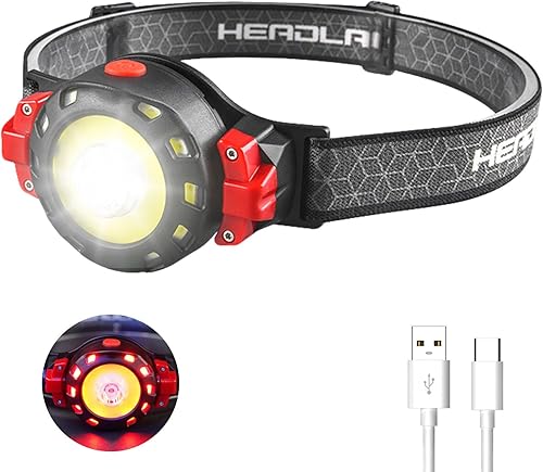 Linterna frontal recargable, lámpara de cabeza con luz roja, linterna LED ligera, luz de cabeza impermeable súper brillante para acampar, correr,