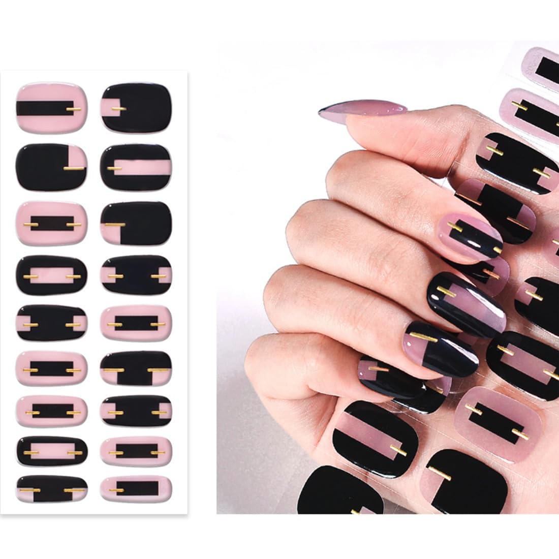 FGRID Semi-Cured Gel Nail Strips - Set of 24, Water-resistant and UV-Cured Nail Art - Salon-Quality, Long Lasting, Easy to Apply & Remove - Includes Nail File (Blank Pink and Gold Glam)