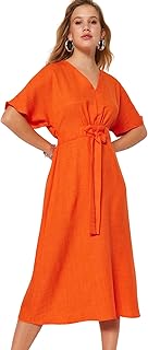 ترنديول فستان متوسط الطول منسوج بقصة ايه لاين ورقبة على شكل حرف V للنساء بلون برتقالي TWOSS23EL01543 (عبوة من قطعة واحدة)