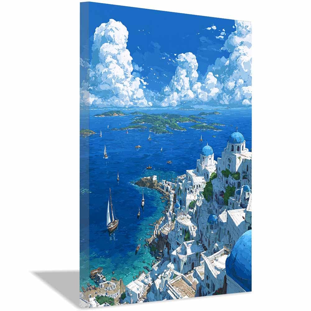 HOQIU Canvas Wall Art Santorini Blue Domes canvas art, art print, house decor, bedroom wall decor above bed, prints for living room.(Multicolor)-60x80cm Framed