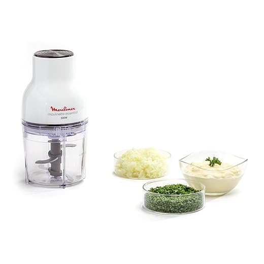 Moulinex Hachoir électrique, 400 ml, 300 W, 4 lames, Fonctions 3-en-1, Emince, Hache, Mixe, Système de pression simple, Moulinette Essential DJ520110, Blanc