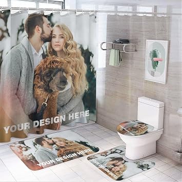 Custom Bath Rug Shower Curtain Set of 4,Personalized Photo Text Logo,Including Bath Mat,Toilet Lid Decor,U-Shaped Mat,Shower Curtain with Hooks,Bathroom Sets Black
