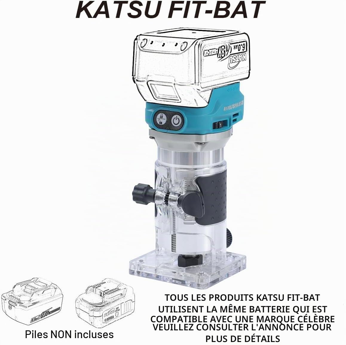 KATSU FIT-BAT 18V/21V Brushless Affleureuse à Bois Défonceuse sans Fil Routeur Menuisiers Outil avec Base, 3 Mandrins 1/4", 6 mm et 8 mm, sans Batterie et Chargeur 102770