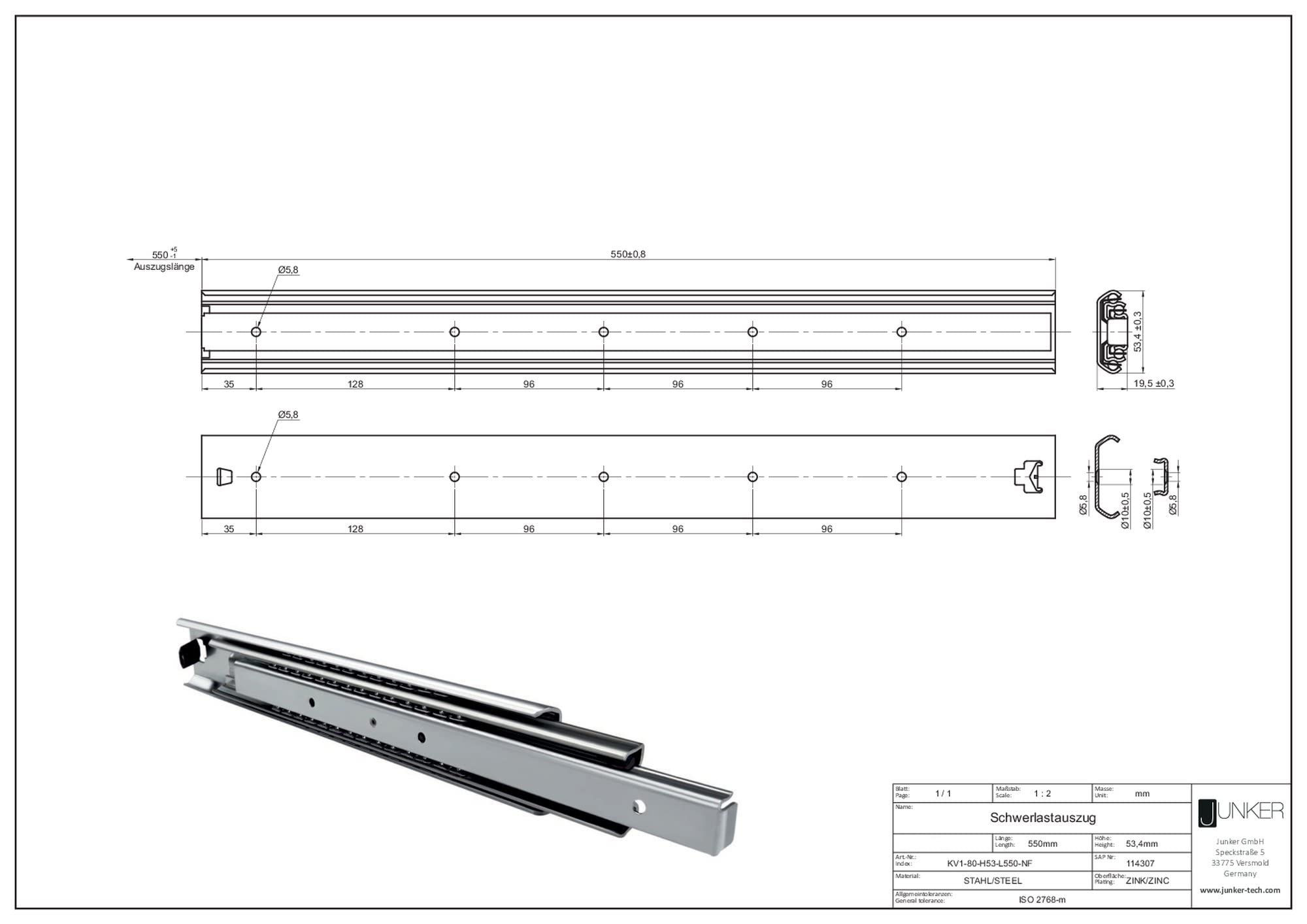 1 Paar (2 stuk) Volledig uitschuifbaar Ladegeleider KV1 100 H53 L600 NF Lengte 600 mm Draagkracht 127 Kg gegalvaniseerd van SOTECH