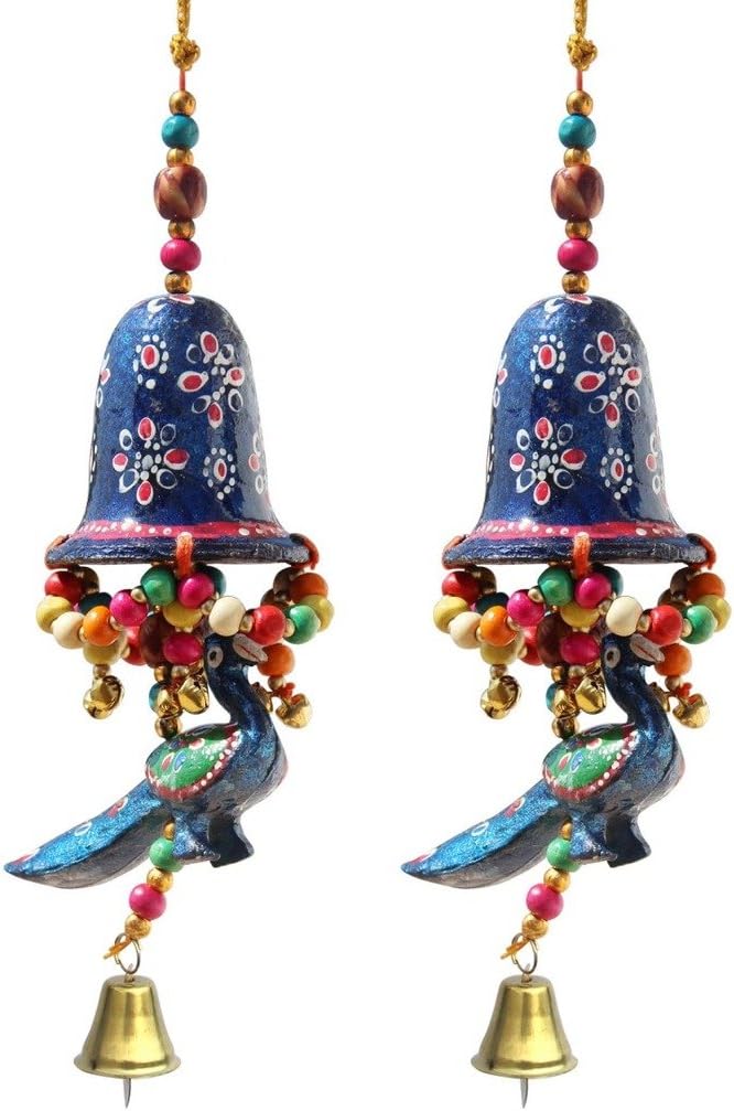Handicrafts Paradise Door Hanging Blue Painted Bell with Jhalar Blue Peacock with Metal Bell Set of 2