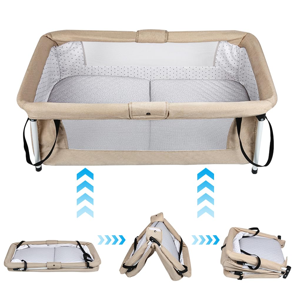 OHMG Lettino da viaggio pieghevole con zanzariera, materasso e giocattolo, lettino traspirante per interni ed esterni, lettino nomade per bambini, culla in vimini