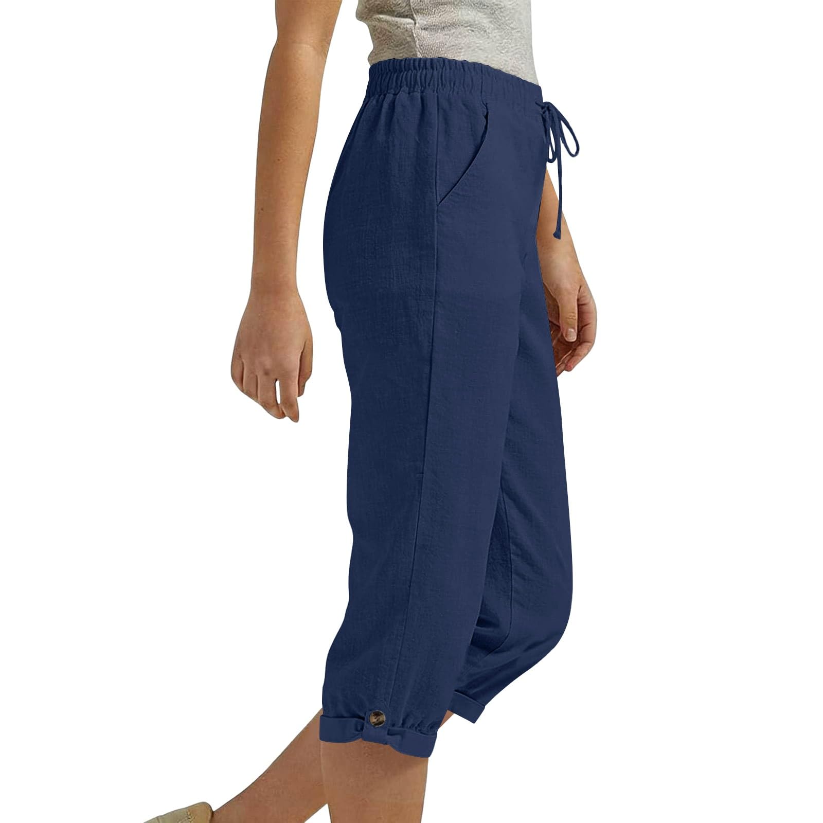 RLEHJN Leinenhose Damen 3/4,High Waist Caprihose Mit Taschen Casual Freizeithose Bequem Leicht Atmungsaktiv Einstellbarer Kordelzug Taille Stoffhose Strandhose Lässig Jogginghose Urlaub Strandhose