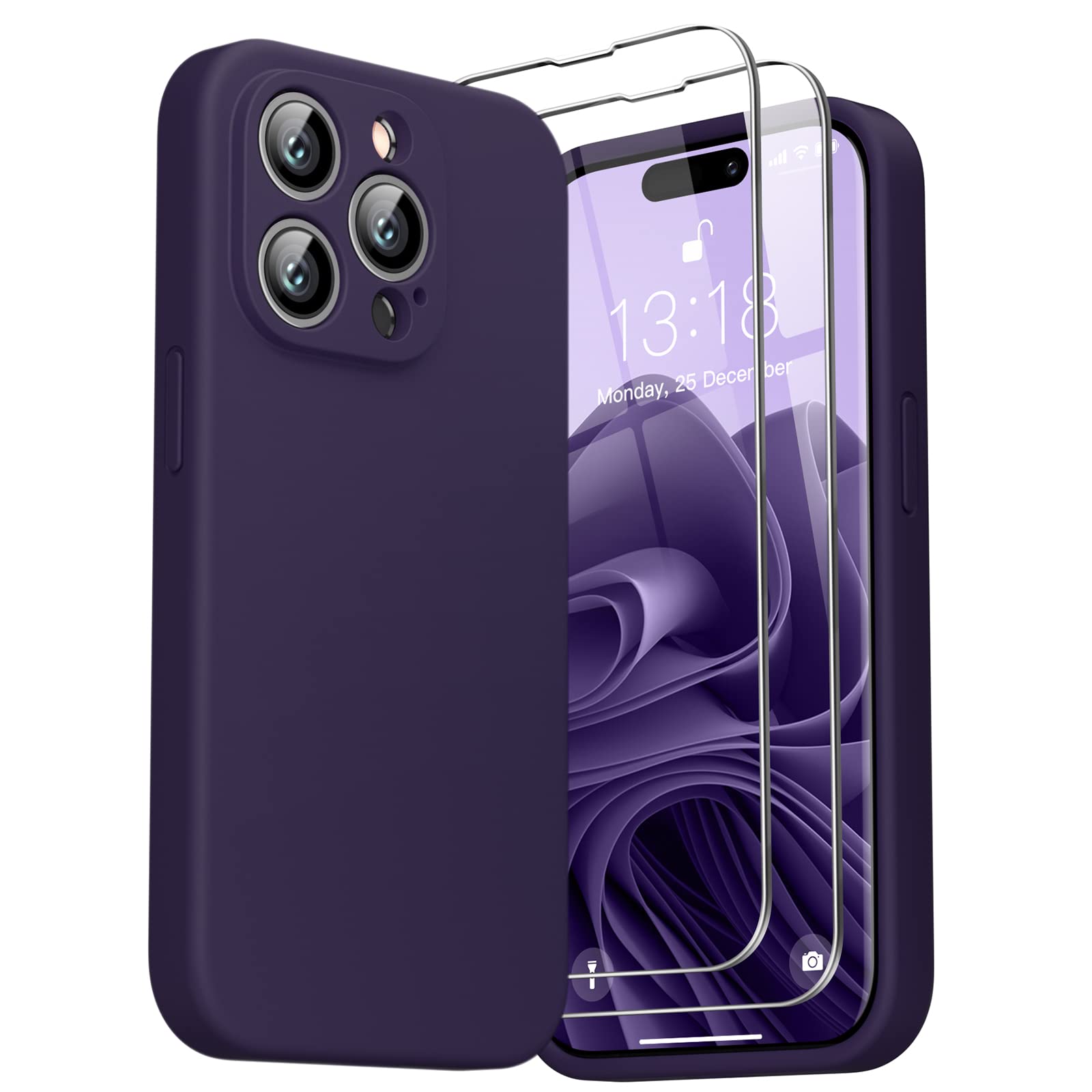 GOODVISH 3 in 1 Cover per iPhone 14 Pro Silicone 6,1" (2022), con 2 Pezzi di Pellicola Protettiva, iPhone 14 Pro Custodia per Cellulare Antiurto Resistente Protezione Fotocamera, Viola Scuro