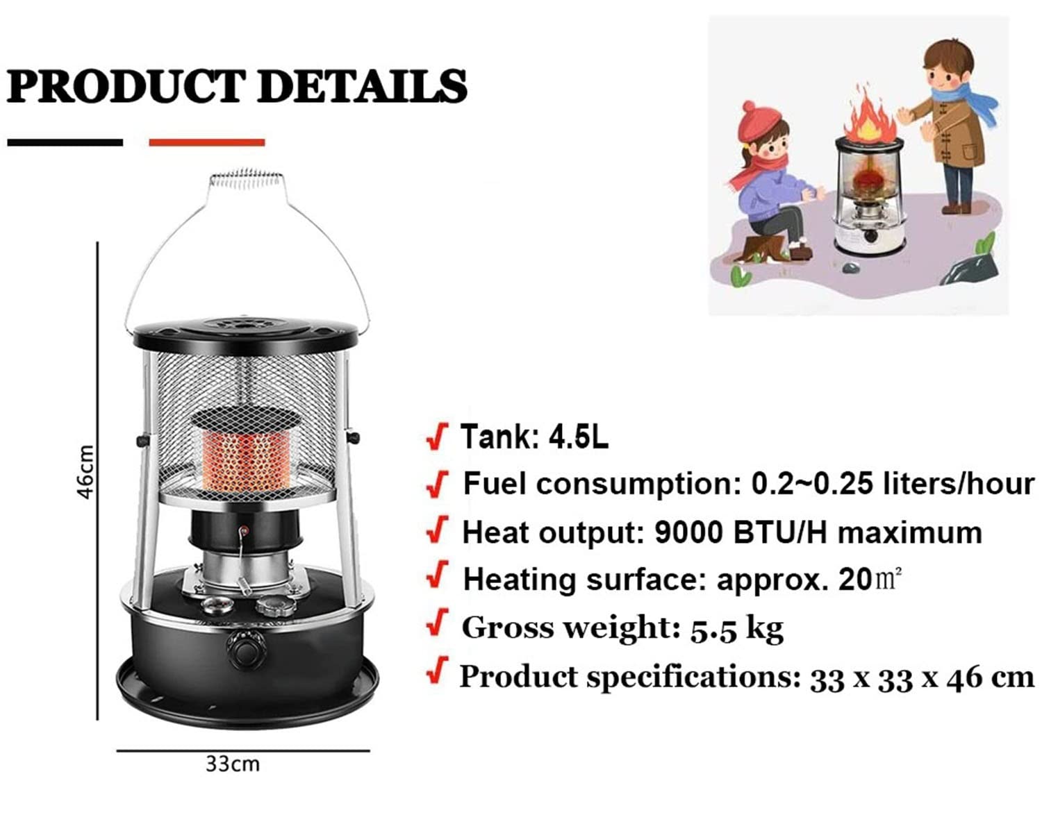 Petroleumheizung Für Innenräume, 4.5 L Petroleumofen Camping, Heizung Ohne Strom, 360 ° Mobile Heizung, Für Zeltheizung, Eisfischen, Kochen, Garten, Mit Umfallschutz