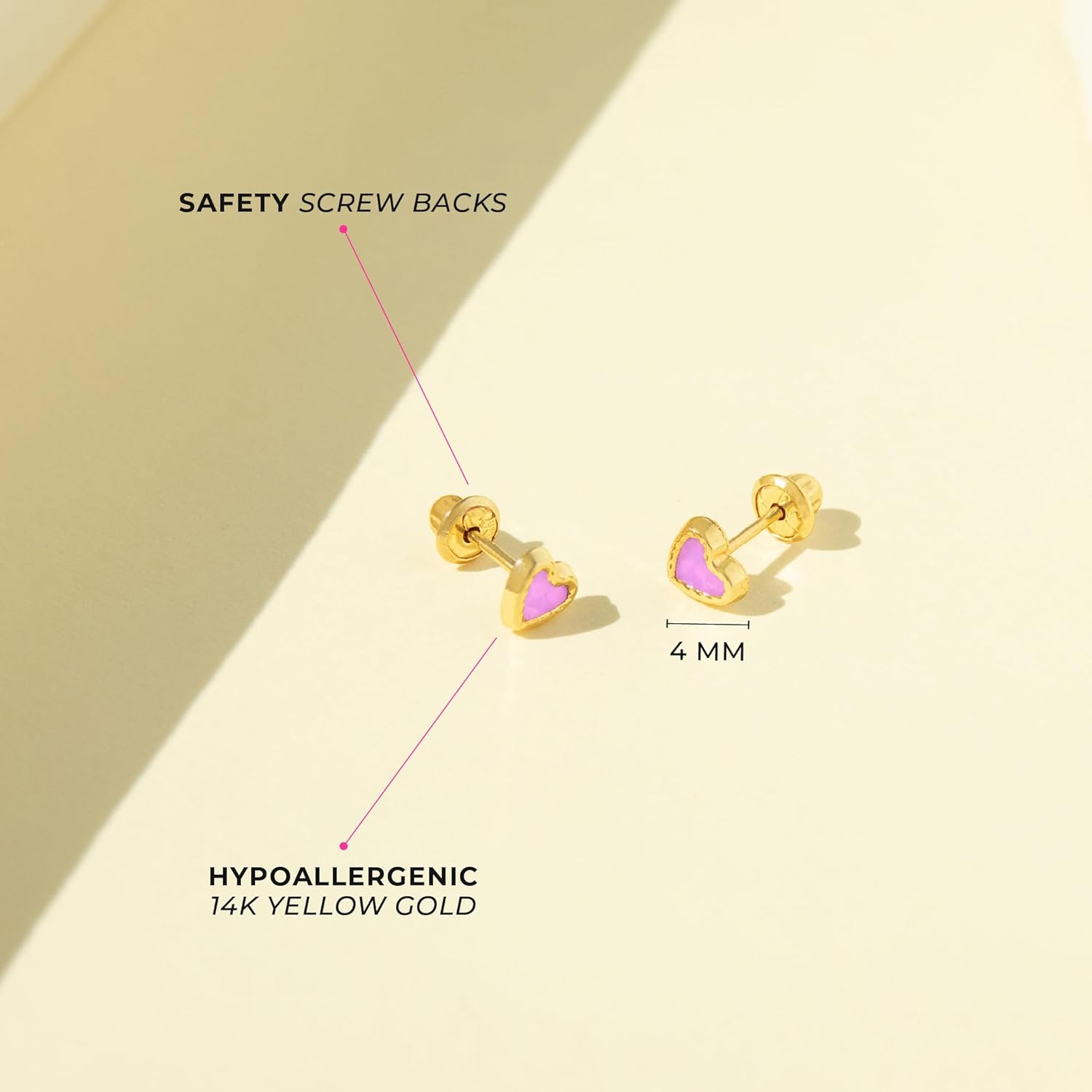 14k Yellow Gold Pretty in Pink Safety Screw Back Earrings For Toddlers and Little Girls - Delicate and Small Pink Shapes Screw Backs For Children - Children's Shape Studs