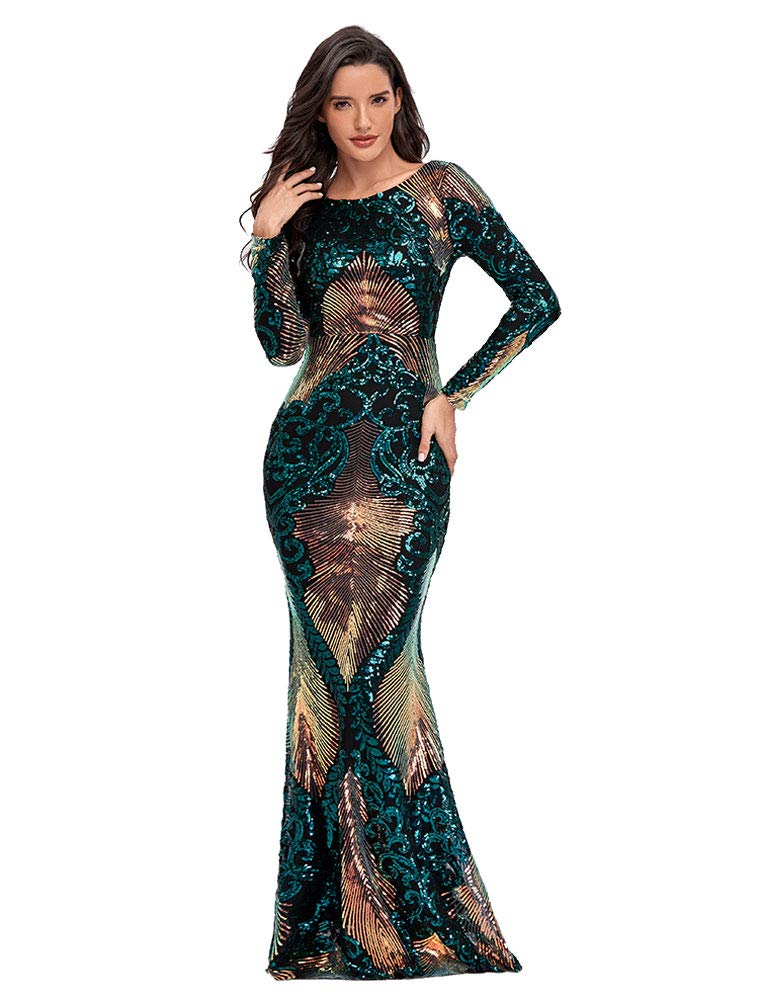 Beauty-EmilyWomens Tulle Mermaid Sequin Long Sleeve Evening Dress Formal Prom Gowns