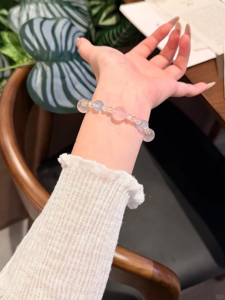 Bracciale elastico cristalli naturali donna,gioiello perline e pietre | Bracciale acquamarina al quarzo rosa, braccialetto spirituale Reiki con pietre preziose fatto a mano