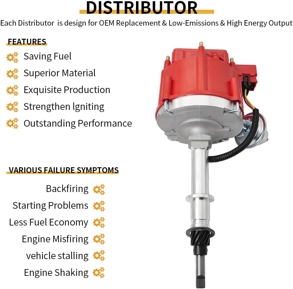 HEI Ignition Distributor 6522R with Red Plug Wires Compatible with Chevy Inline 6 Cylinder 230 250 292, Amc/Jeep 232&258 1956-1990 Replace# 164-15AZ, 841697, 301697