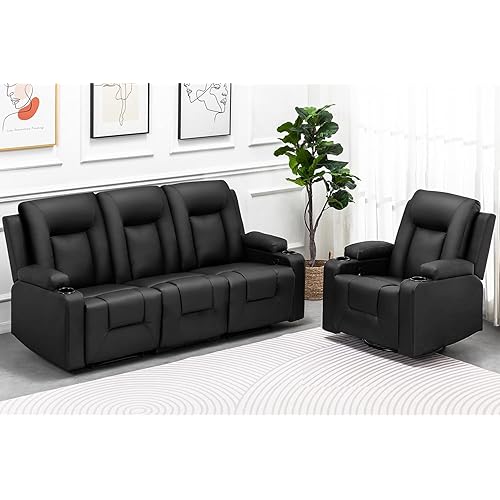 COMHOMA Recline Chair Set，Living Room Furniture Sets,Bonded Leather Loveseat Sofa with Cup Holder (Black, Living Room Set 3+1)