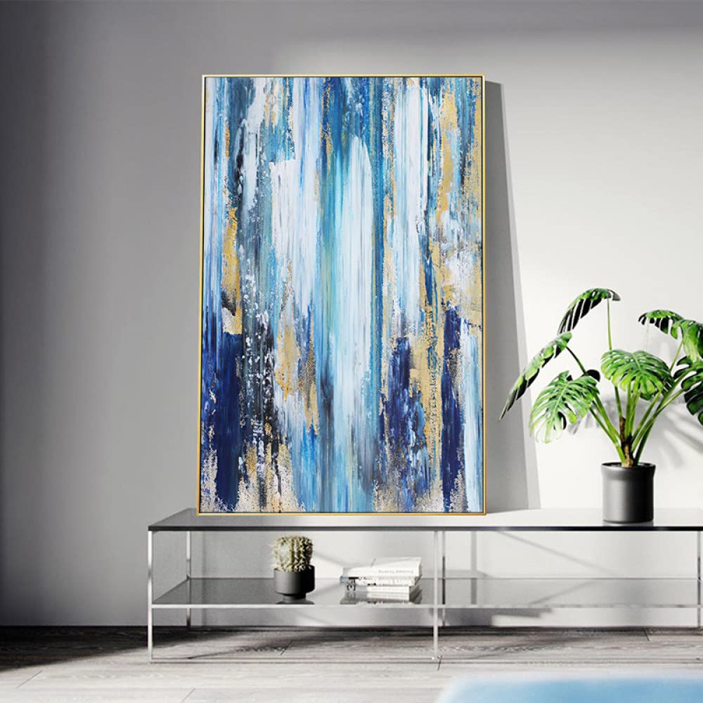 Peinture à l'huile sans cadre décoration chambre bleu or