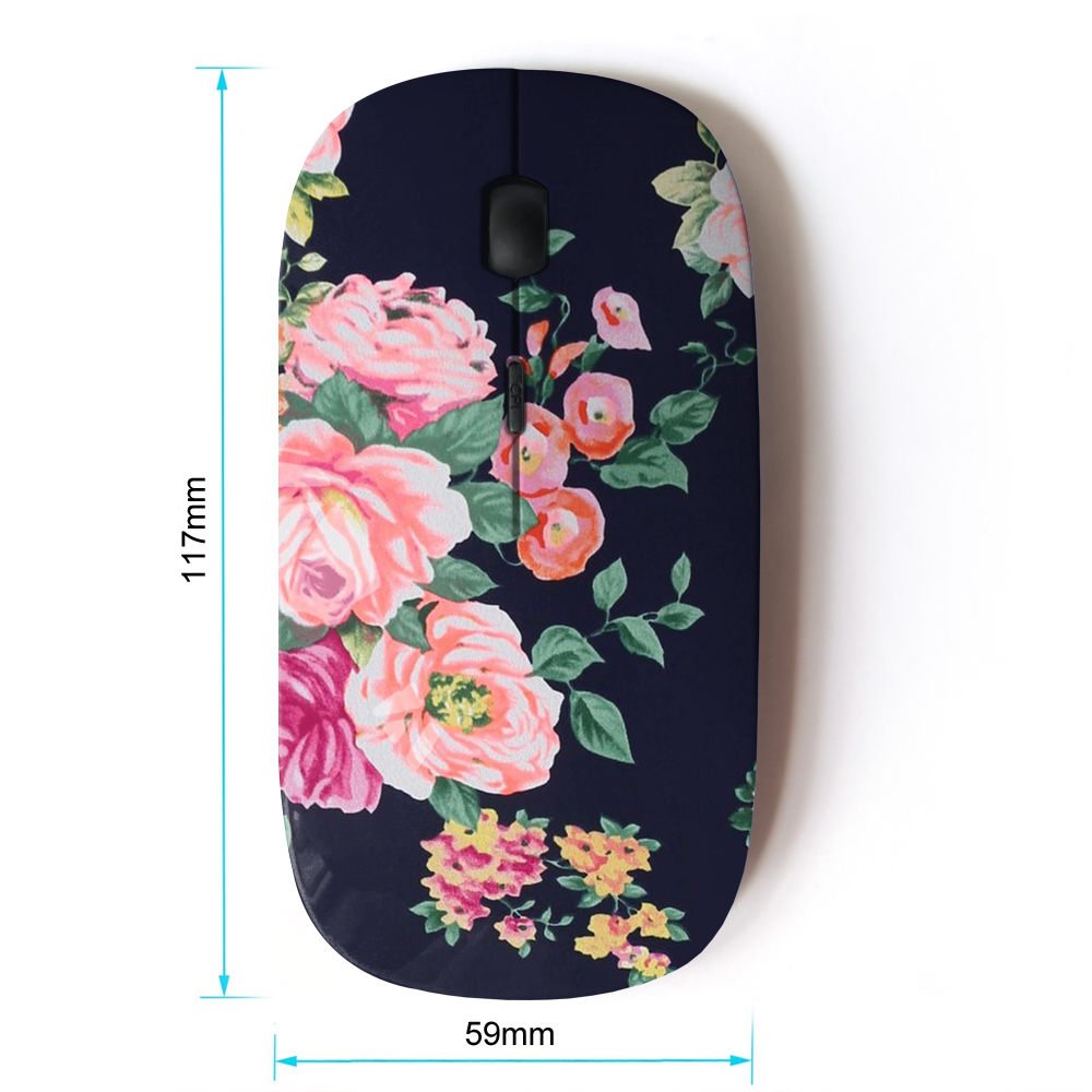 Kawaii 2.4G Wireless Mouse - Rose Black Floral Textile Design Optical Mouse