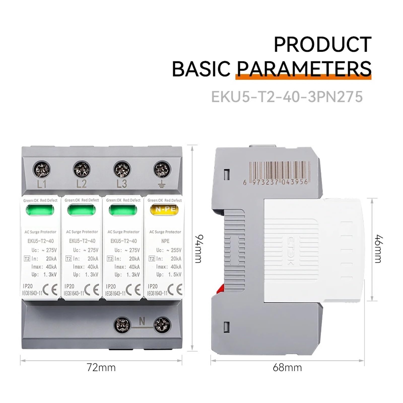 dispositivos de protección contra sobretensiones Dispositivo de protección contra sobretensiones doméstico, pararrayos, tipo de protección T2 SPD AC 4P 20KA ~ 40KA 3P + NPE 275V EKU5-T2-40-3PN275