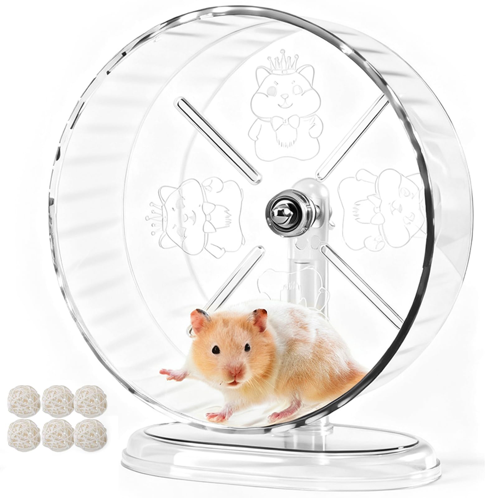 Acsist Silent Hamster Exercise Wheel,9.5 Inch Quiet Spinner Syrian Hamster Running Wheel,Silent Wheels with Anti-Skid & Adjustable Stand for Gerbils, Rats, or Other Small Pets,Transparent