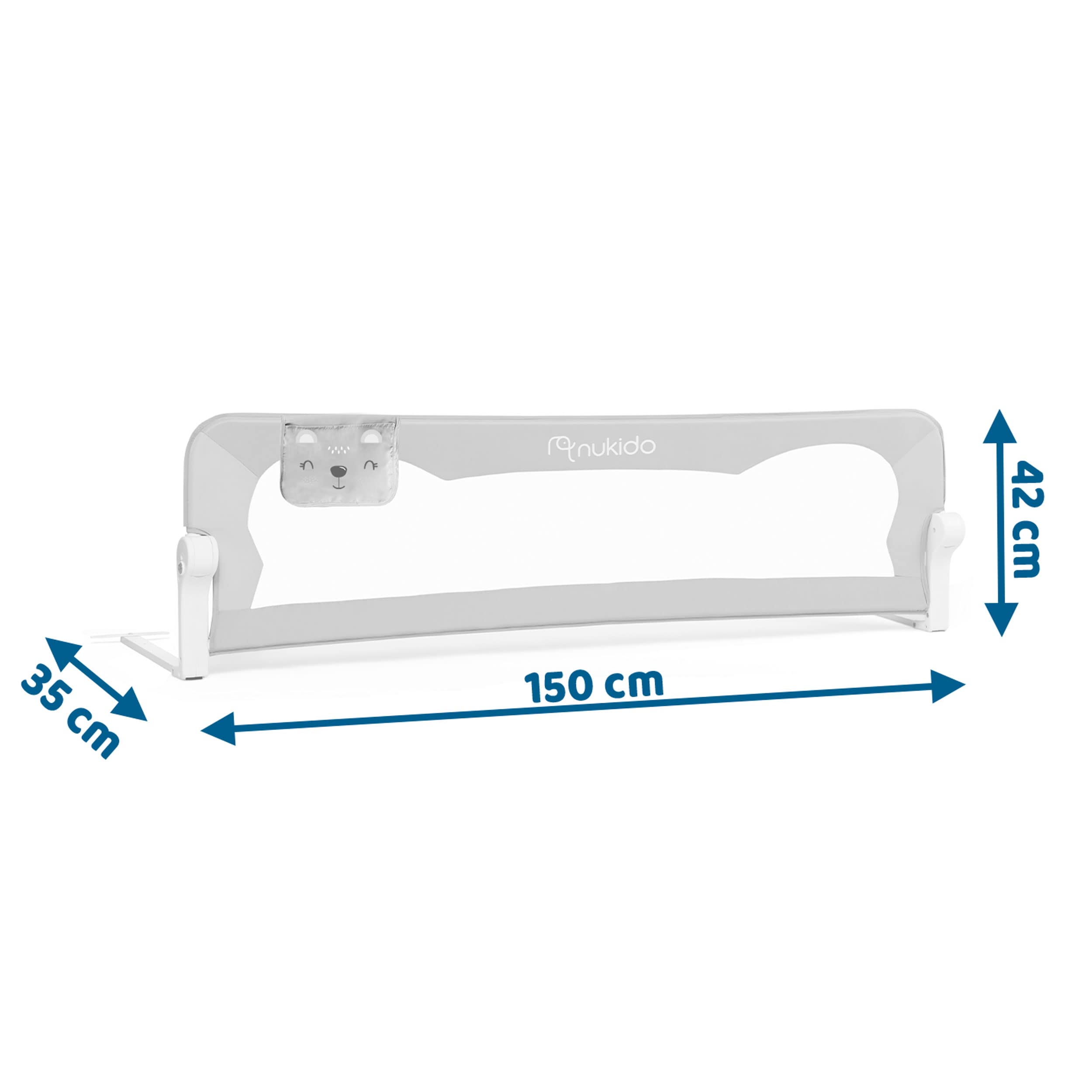 Nukido Barrière De Lit Bébé Anti-Chute 150 x 35 x 42 cm Barrière De Sécurité Pliable avec Système De Verrouillage Ceintures De Sécurité Poche Cadre Durable en Acier Gris