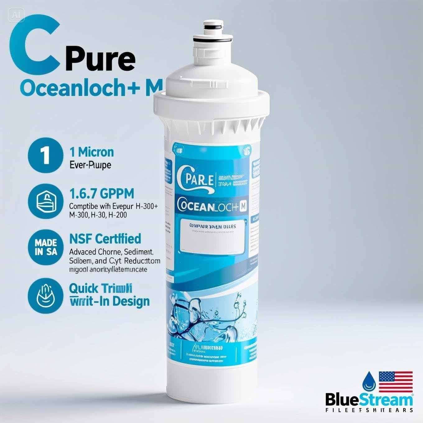 C Pure Oceanloch+ M Water Filter Cartridge 2-Pack – 1 Micron, 1.67 GPM – Compatible with Ice-O-Matic IOMQ, IFQ1, IFQ2 Systems – Chlorine, Taste & Odor Reduction Replacement Filters