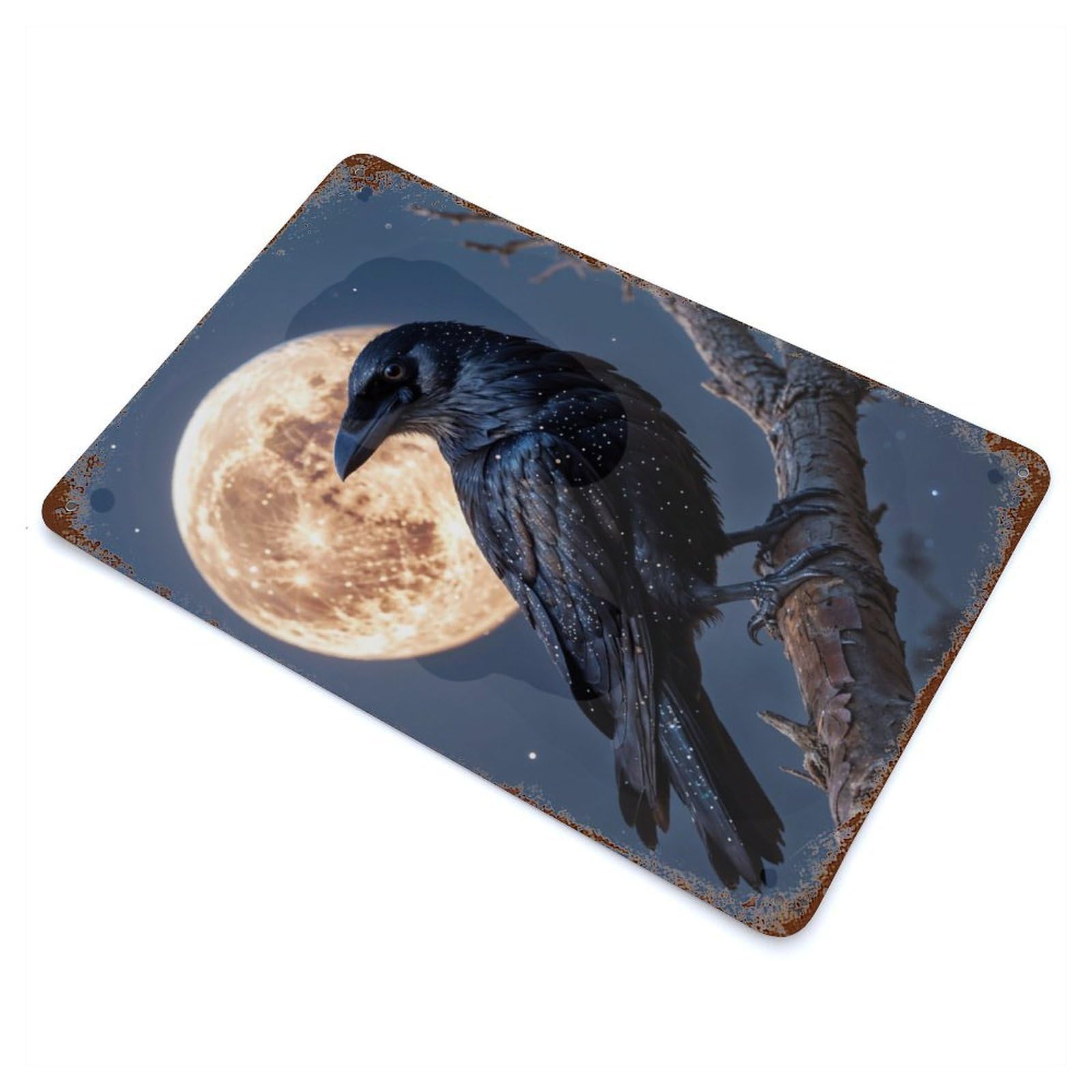 Crow And Moon 11.8"x7.9" Rustic Tin Plaque, Farmhouse Wall Decor for Basement, Hobby Room And Garage Decor