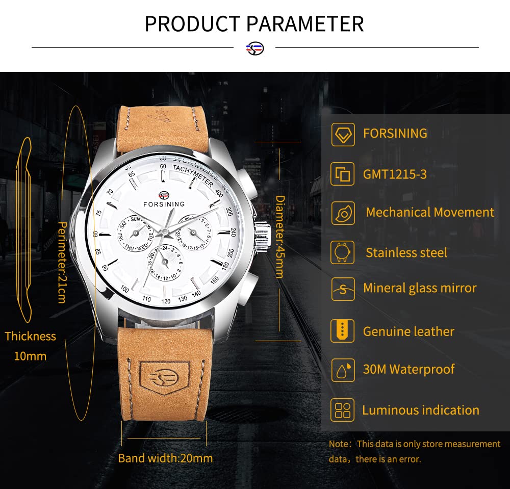 FORSINING Mechanische Armbanduhr Herren Automatische Selbstaufziehende Militäruhr Echtes Lederband Wasserdicht Leuchtend Casual Business