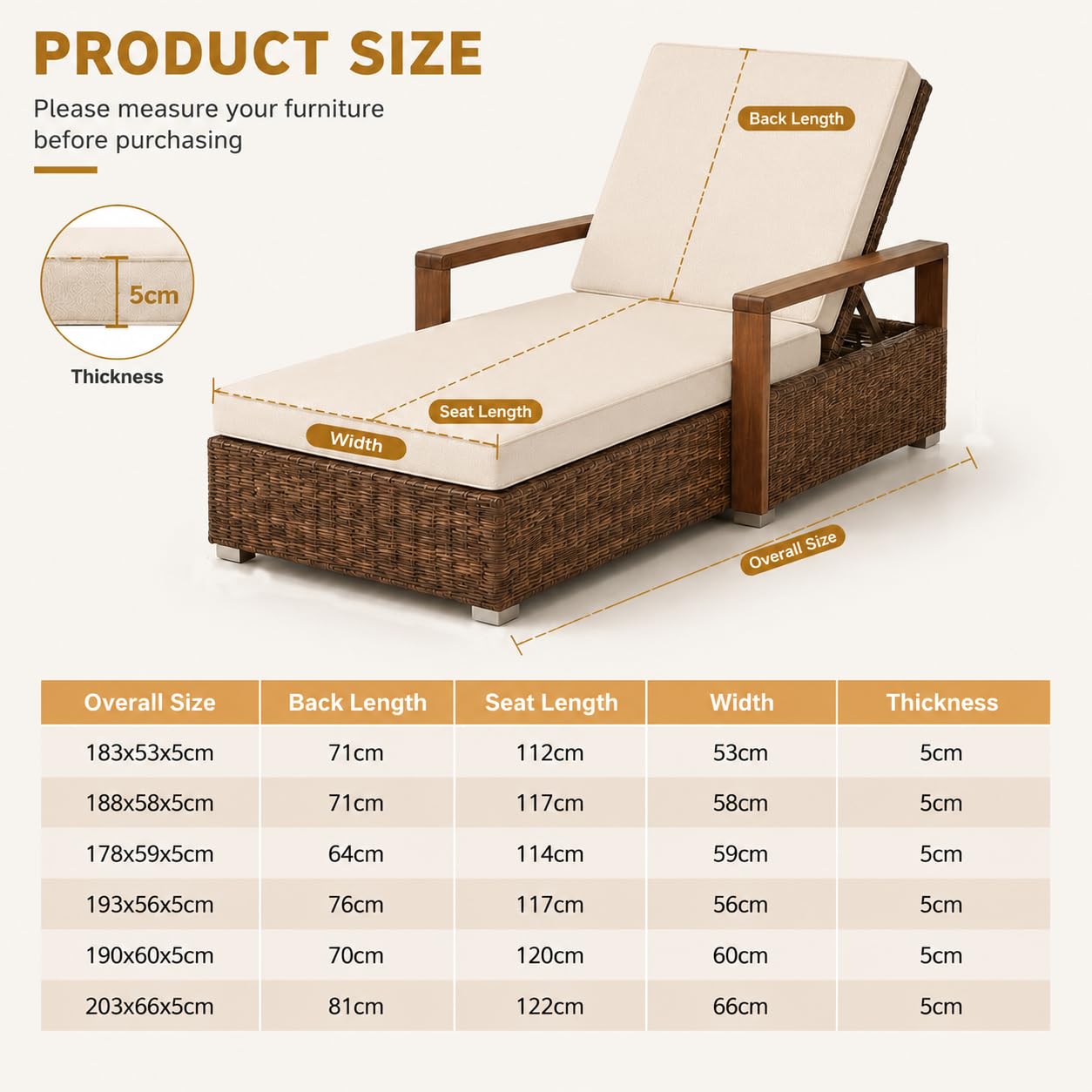Materassino Prendisole, Materassino per Lettino Prendisole Lettino Spiaggia da Esterno Impermeabile con Schiuma 50D, per Giardino, Terrazza, Piscina & Spiaggia,Bianca,203x66x6cm