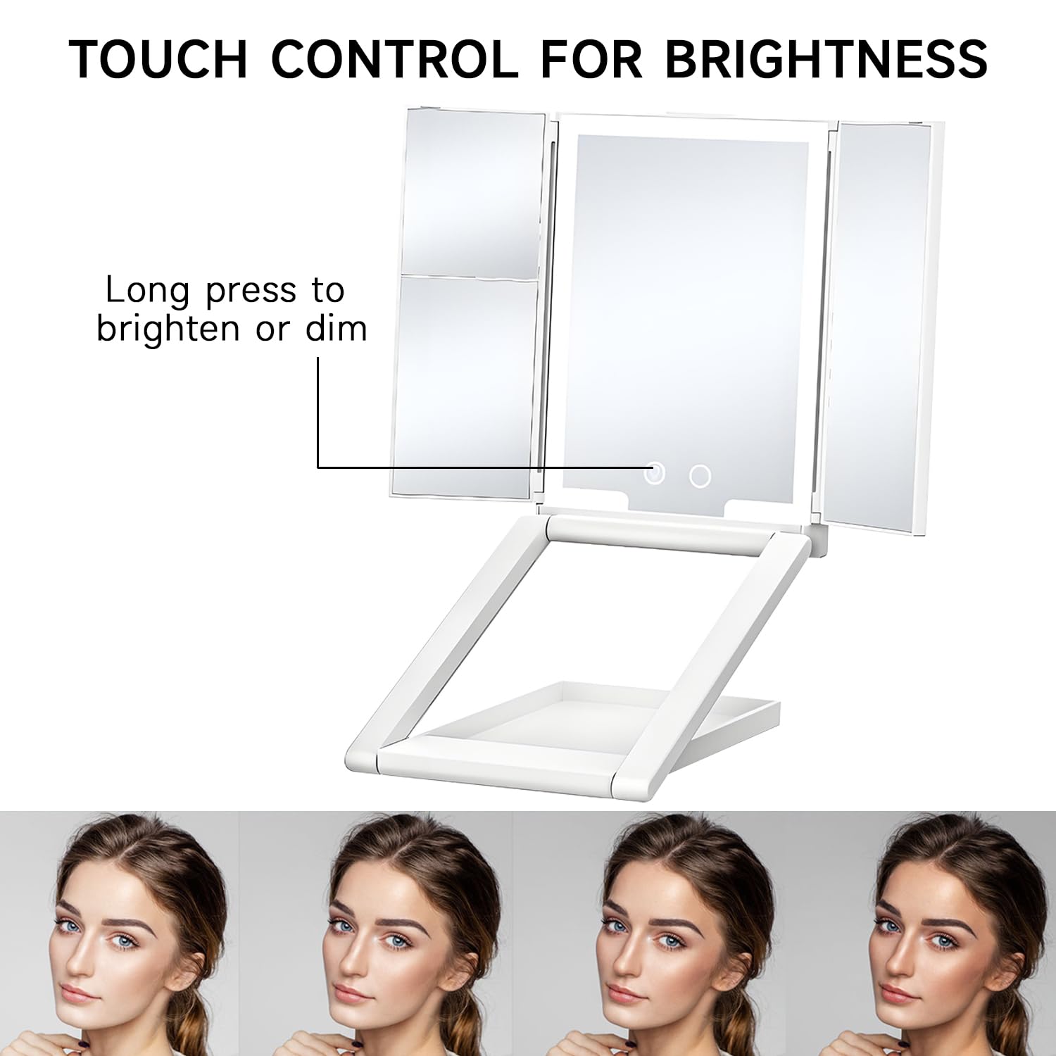 QUMOX Espejo de Maquillaje LED con Luz, Espejo de Mesa Plegable de 3 Paneles, Aumento 3X y 5X, 3 Colores de Luz, Brillo Regulable, Control Táctil, Recargable USB-C, Blanco