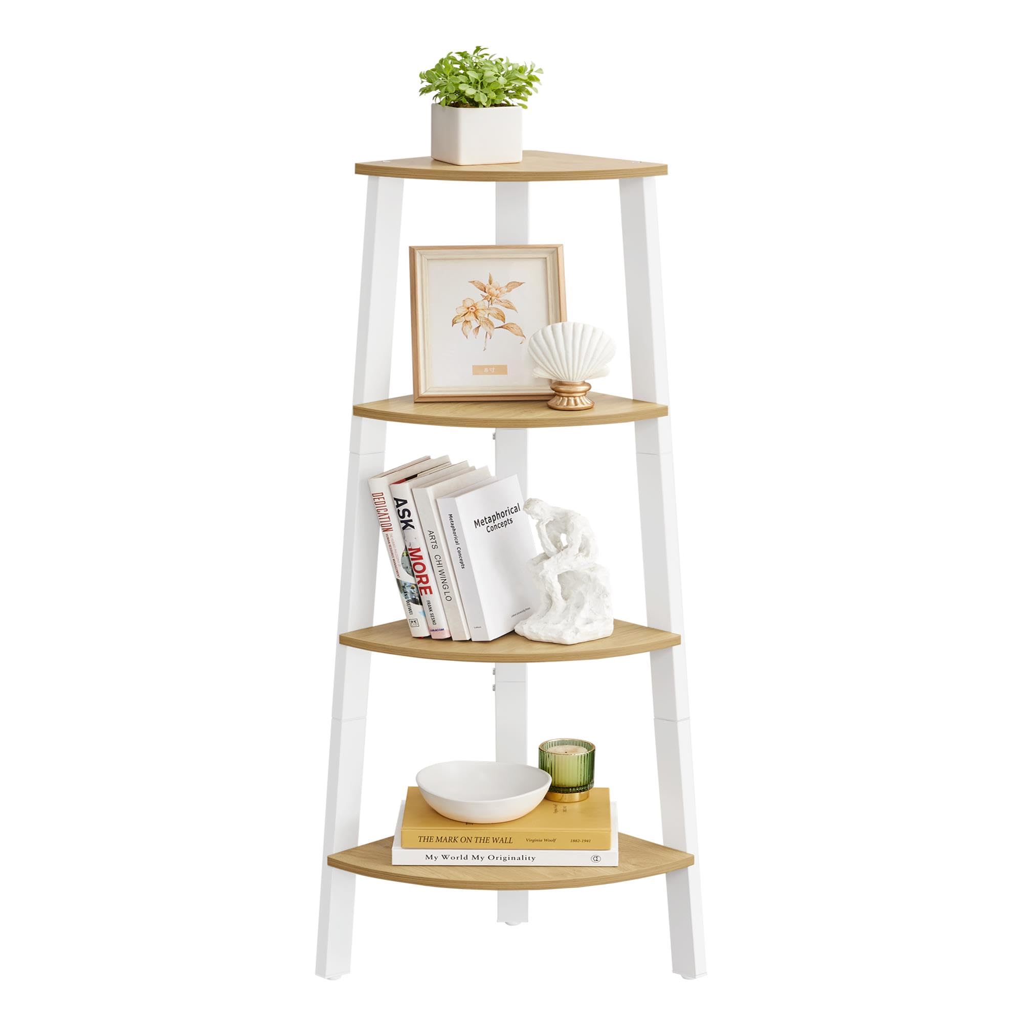 VASAGLE Corner Shelf Unit, 4-Tier Corner Shelf, Ladder Shelf for Living Room, Bookshelf or Plant Stand, Industrial Accent Furniture, Natural Oak and Matte White LLS034Y70