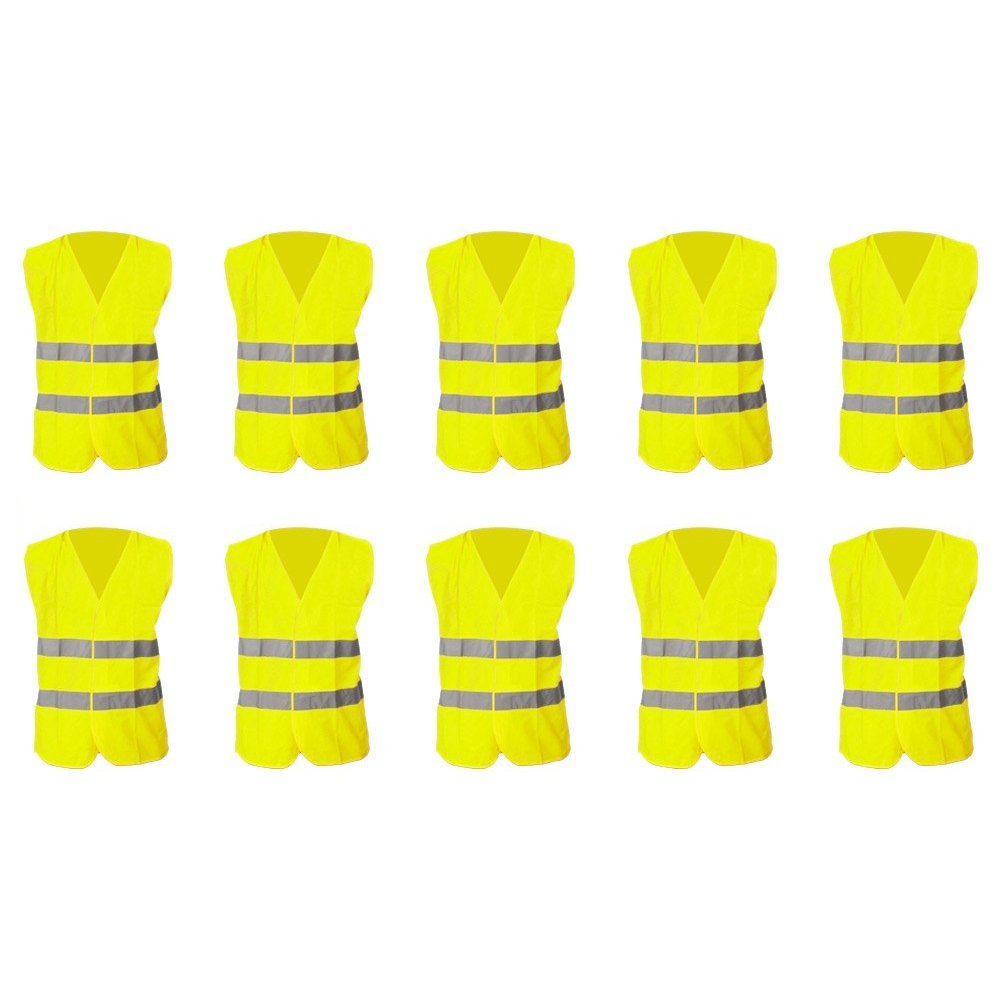 10 x Chaleco Seguridad con Bandas Reflectantes - Alta Visibilidad (Hi-Vis) - Certificación: CE ISO EN 20471 - Tallas: Adulto Hombre/Mujer (Unica) Color: Fluorescente Amarillo