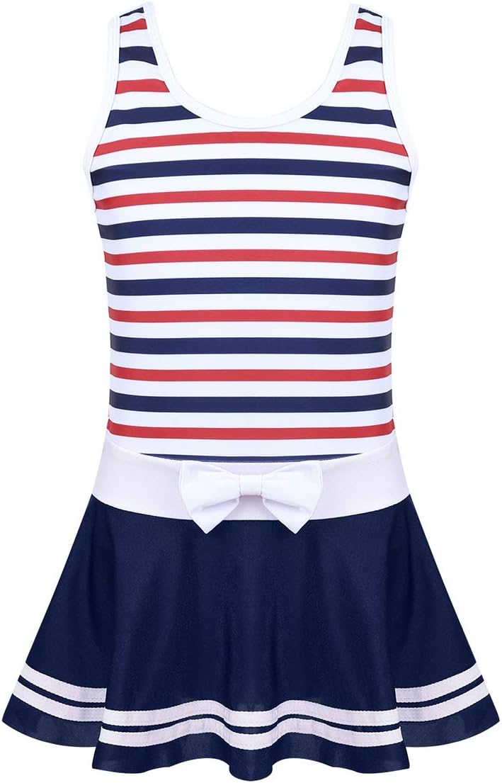 AgokyTeen Girls One-Piece Striped Bow Splice Swimming Costume Swim Dress