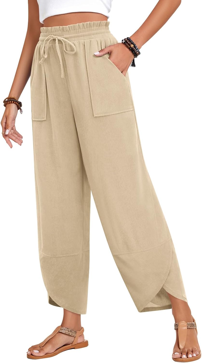 Anyhold Womens Baggy High Waisted Wide Leg Lounge Pants Drawstring Casual Palazzo Pants Trousers with Pockets