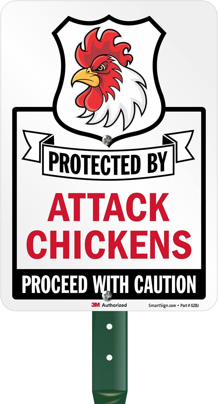 SmartSign 10 x 7 inch “Protected By Attack Chickens - Proceed With Caution” Yard Sign with 18 inch Stake, 40 mil Aluminum, Laminated Engineer Grade Reflective, Multicolor