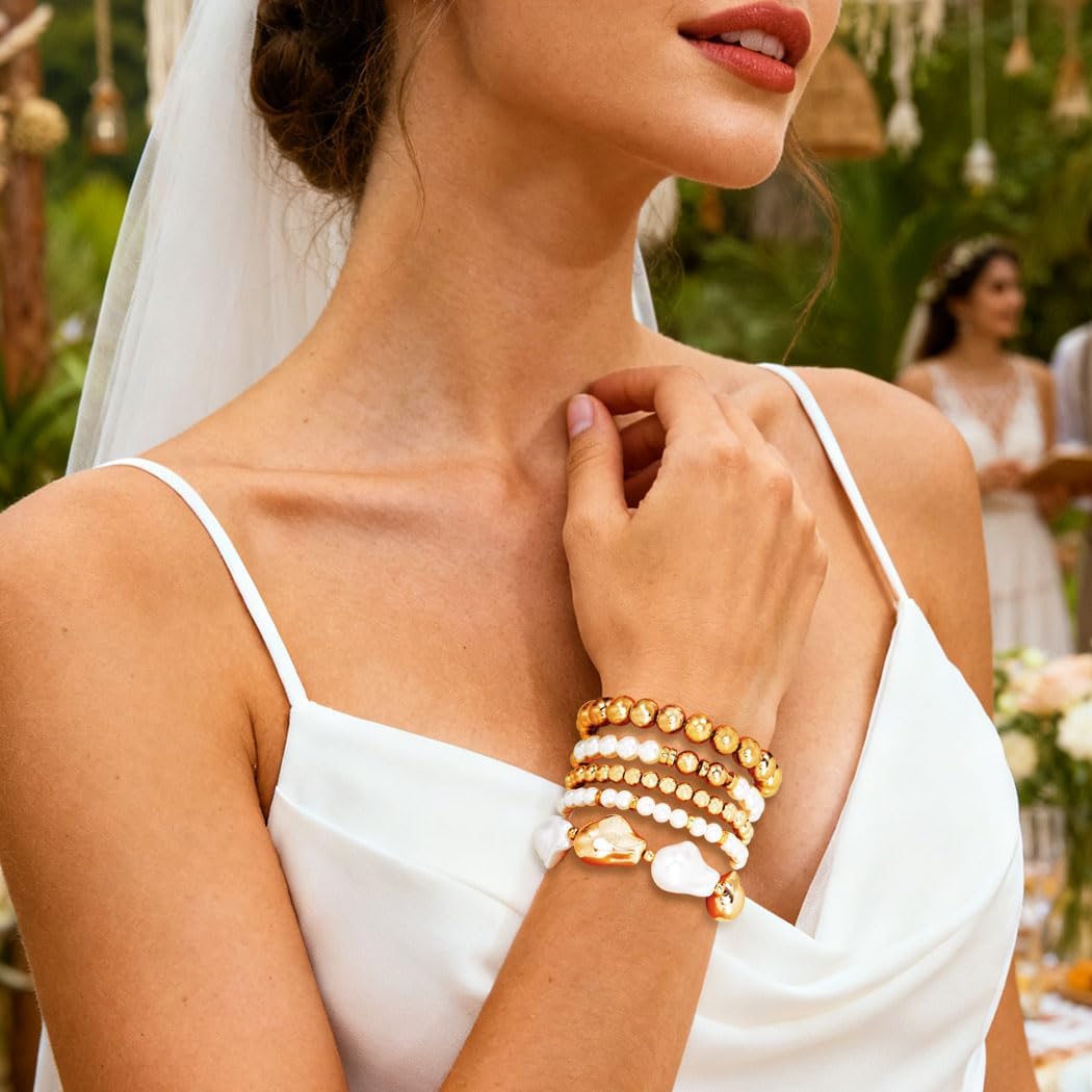 CASDRE Pearl Bracelet Gold Plated Bead Ball Stretch Bracelets Stackable Layering Bracelet for Women - Image 2