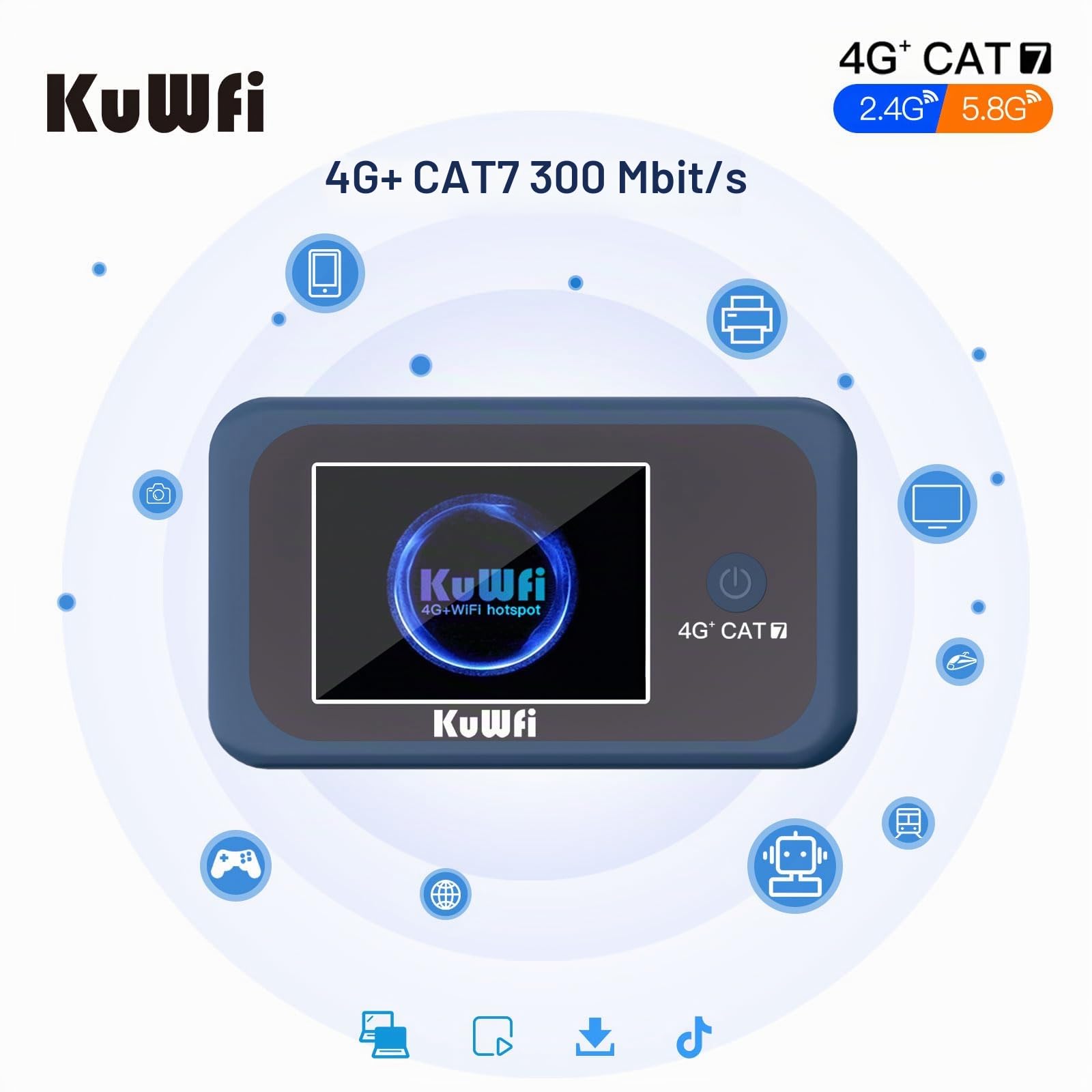 KuWFi Cat7 Mobiler WLAN-Router, AC1200, für Reisen & Outdoor | 4G+ LTE Cat7 bis 300 Mbit/s, Dual-Band, Band Locking, 3000mAh Akku, USB-C, SIM-Karten-Router