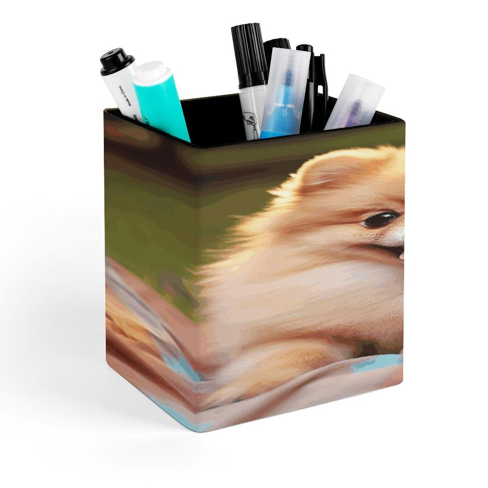 JTREHY Short Hair Pomeranian Pen Holder Square Pen Pencil Holder Makeup Brush Holder Cup PU Leather Pencil Cup Desktop Caddy Stationery Organizer Case Office Accessories Container Box