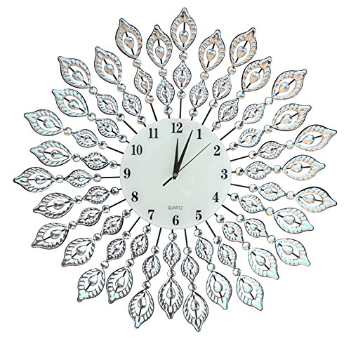 Lulu Decor, 25” Crystal Leaf Metal Wall Clock, 9” White Glass Dial with Arabic Numerals, Decorative Clock for Living Room, Bedroom, Office Space