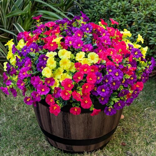 Nigirior Artificial Faux Flowers for Outdoor 16 Bundles Boxwood Fake Morning Glory for Planter,UV Resistant Fake Flowers for Home Porch Patio Outside（4 Color）