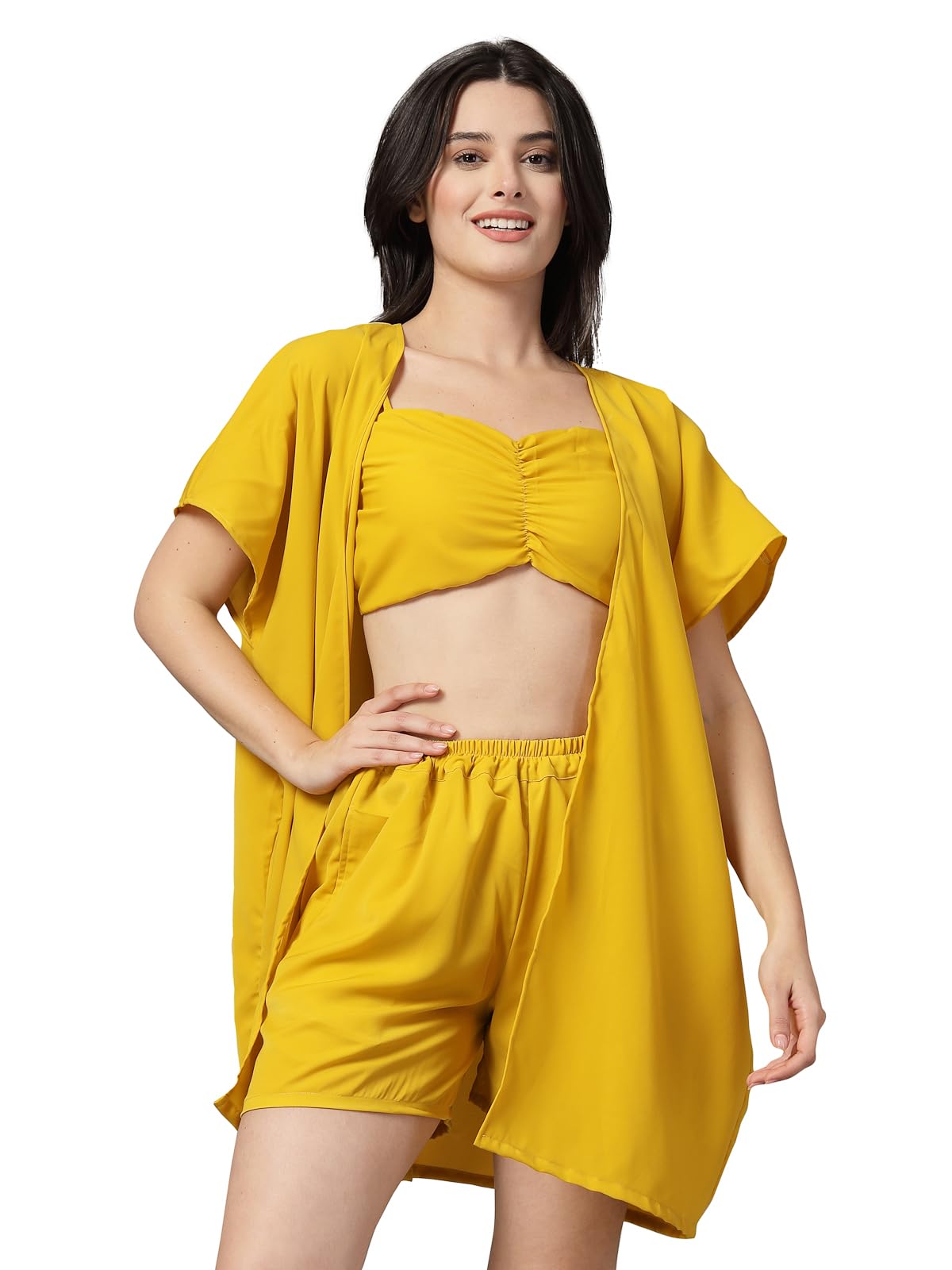 Yellow Solid 3 pc beachwear set-image-46