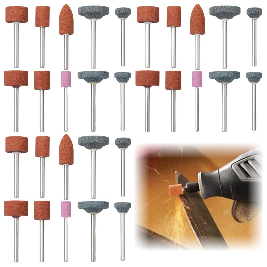 Set di 30 accessori per mole per utensili rotanti, Punte abrasive in corindone, Per avvitatore a batteria, Inserti abrasivi per utensili rotativi Dremel, Per smerigliare e affilare il metallo