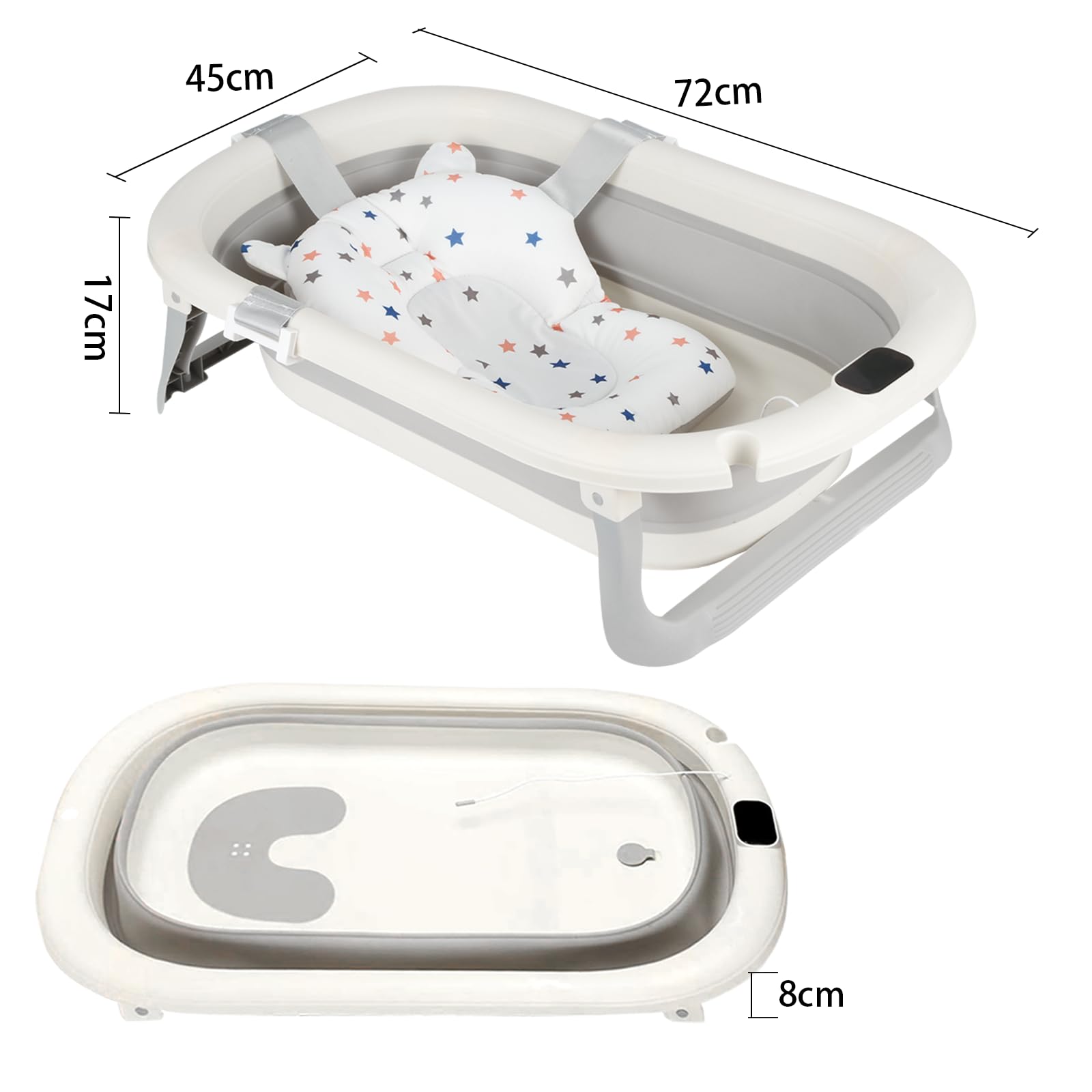 Baby Badewanne Faltbar mit Thermometer & Rutschfestem Badekissen – Tragbare Babybadewanne Ergonomisch, Platzsparend & Sicher – Für Neugeborene bis 3 Jahre, Baby Bathtub-WX44701