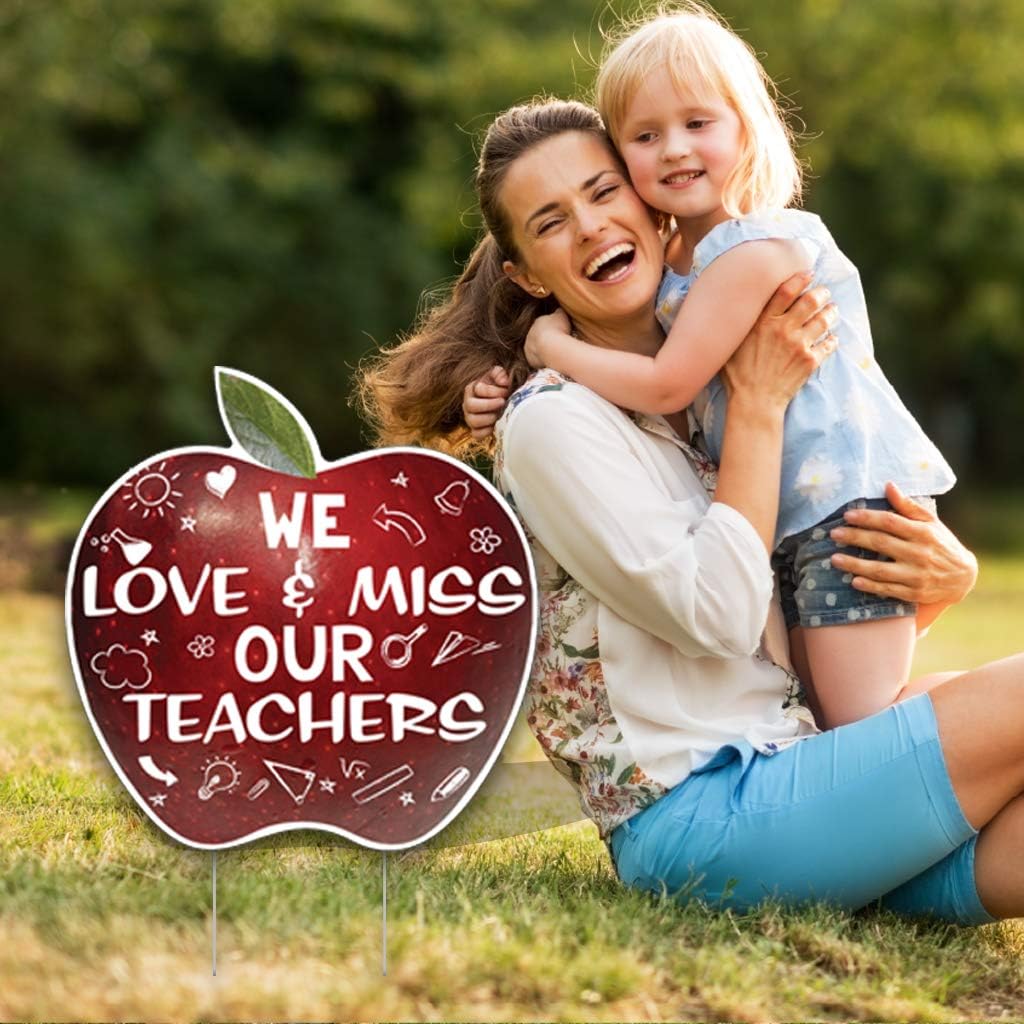 VictoryStore Yard Decorations: We Love & Miss Our Teachers Yard Sign - Waterproof Apple Shaped Sign, Measures 22 Inches by 22.5 Inches Includes 2 Ez Stakes, 19248